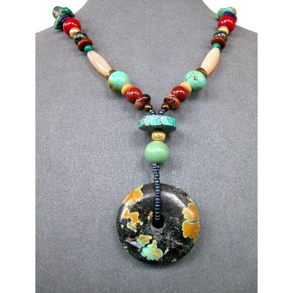 Multicolor Gemstone Beaded Necklace With Round Pendant - Picture 1 of 6